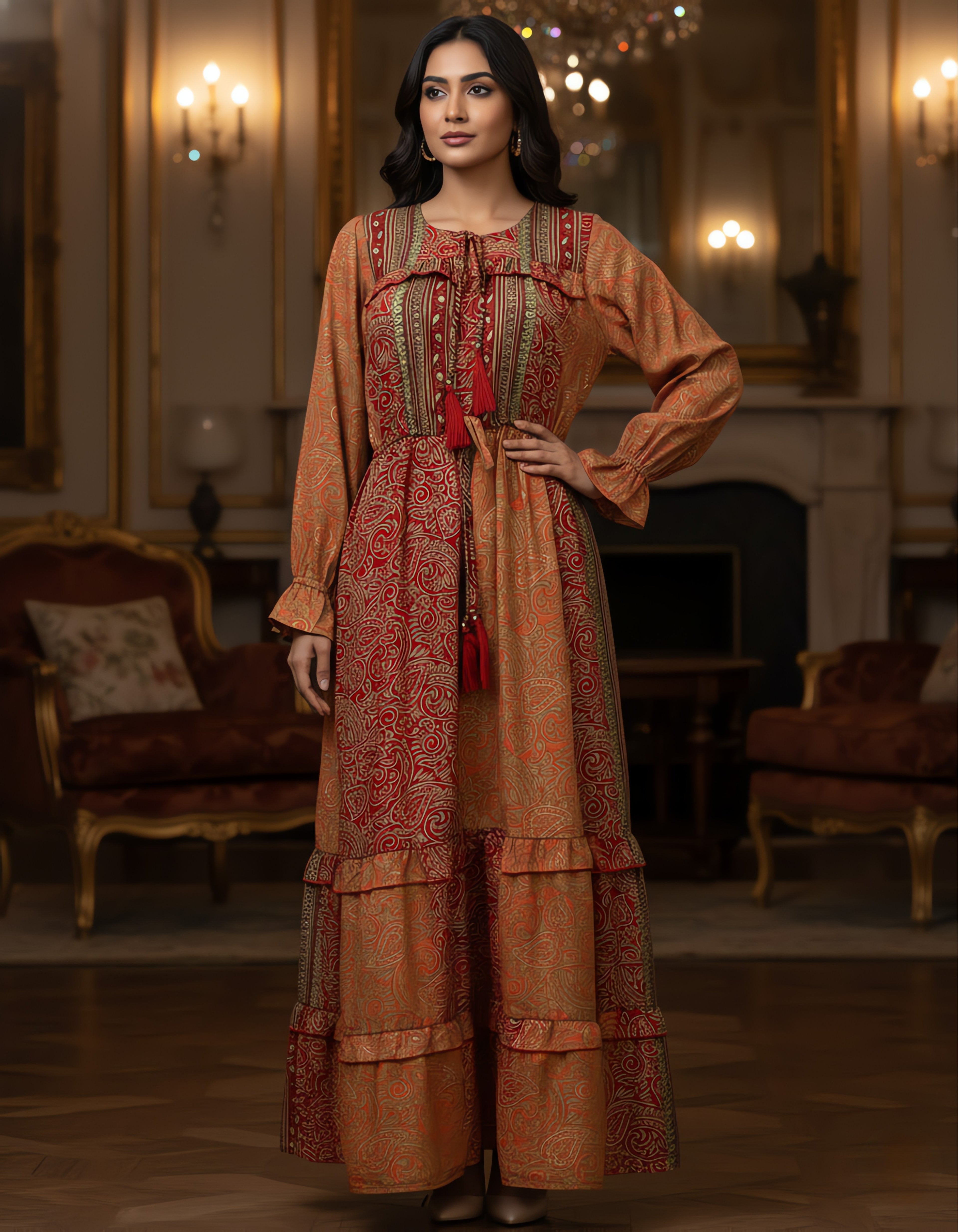 Viigobella Premium Kasturi Silk Printed Tiered Maxi Dress with Tassel Detail