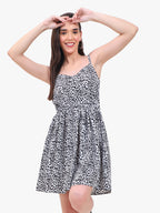 Women’s Printed Crepe Strappy Short Dress with Flared Silhouette – Export Quality