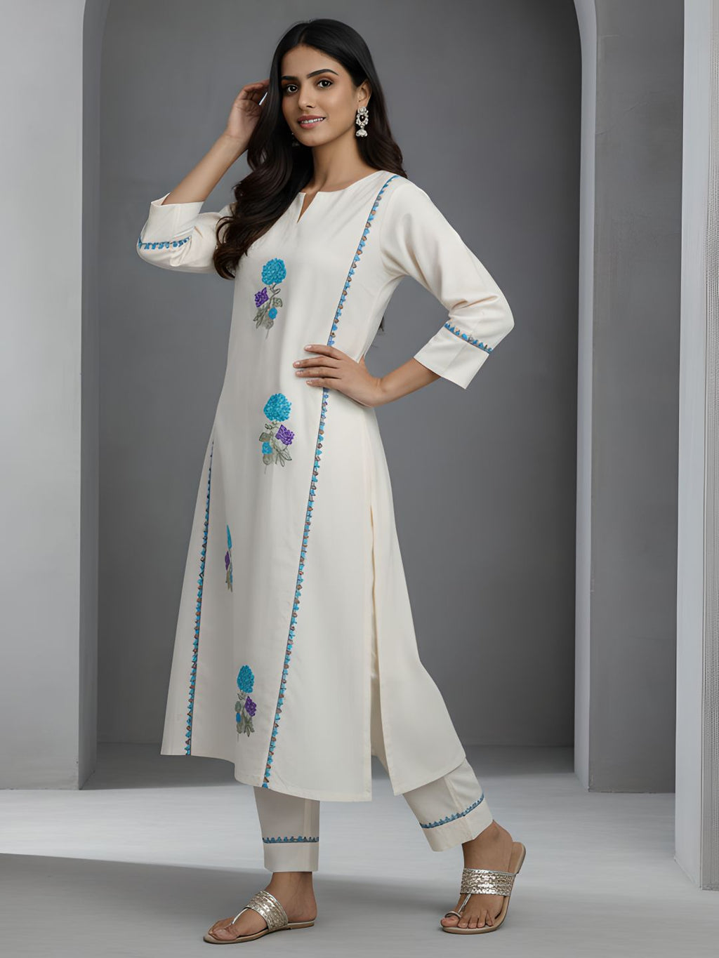 Blue Floral Embroidered Cotton Kurta Pant Set for Women