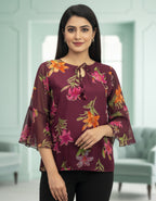 Floral Print Georgette Top with Bell Sleeves & Tie-Neck | Viigobella