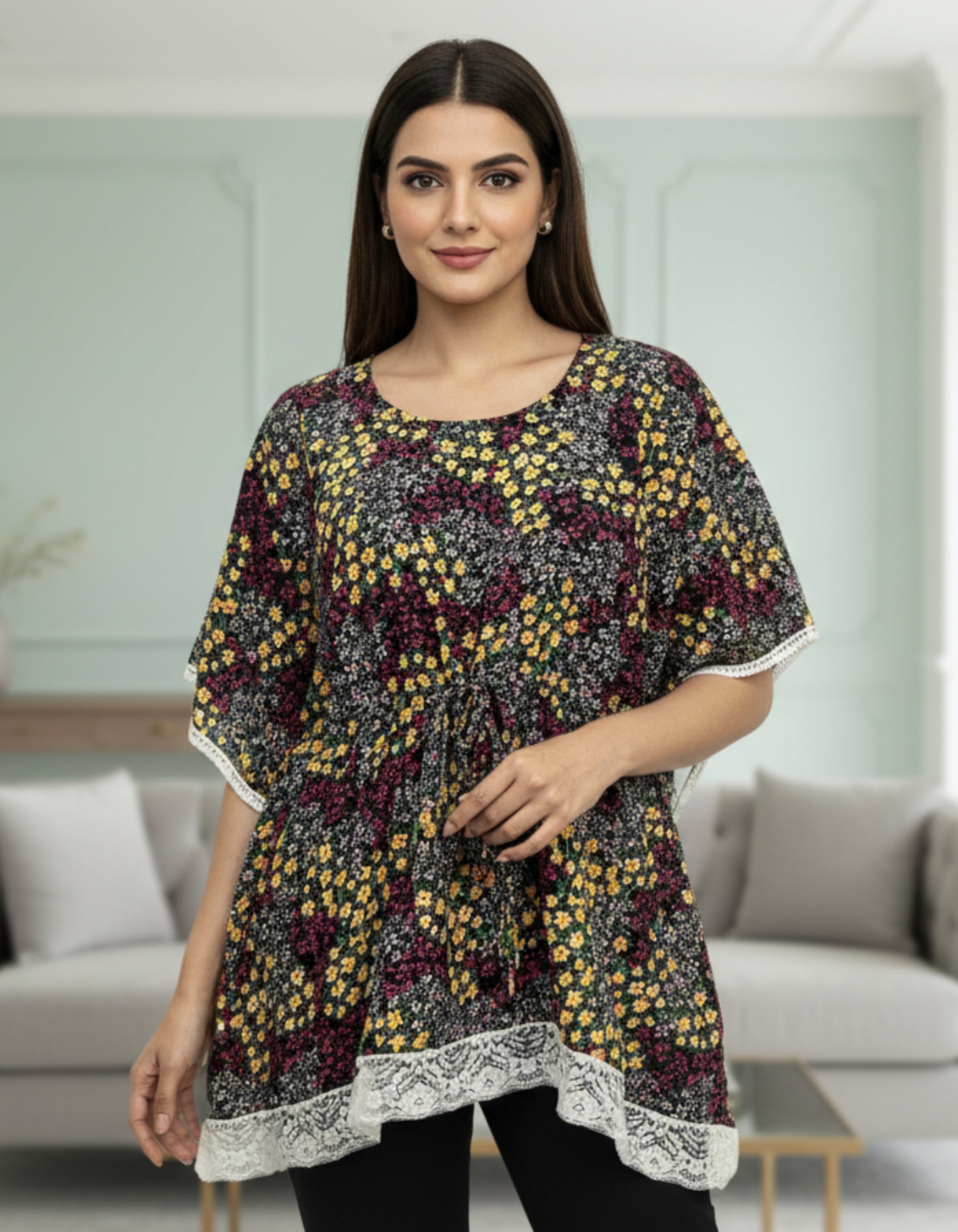 Floral Printed Kaftan Top with Lace Border | Elegant Casual Wear | Viigobella