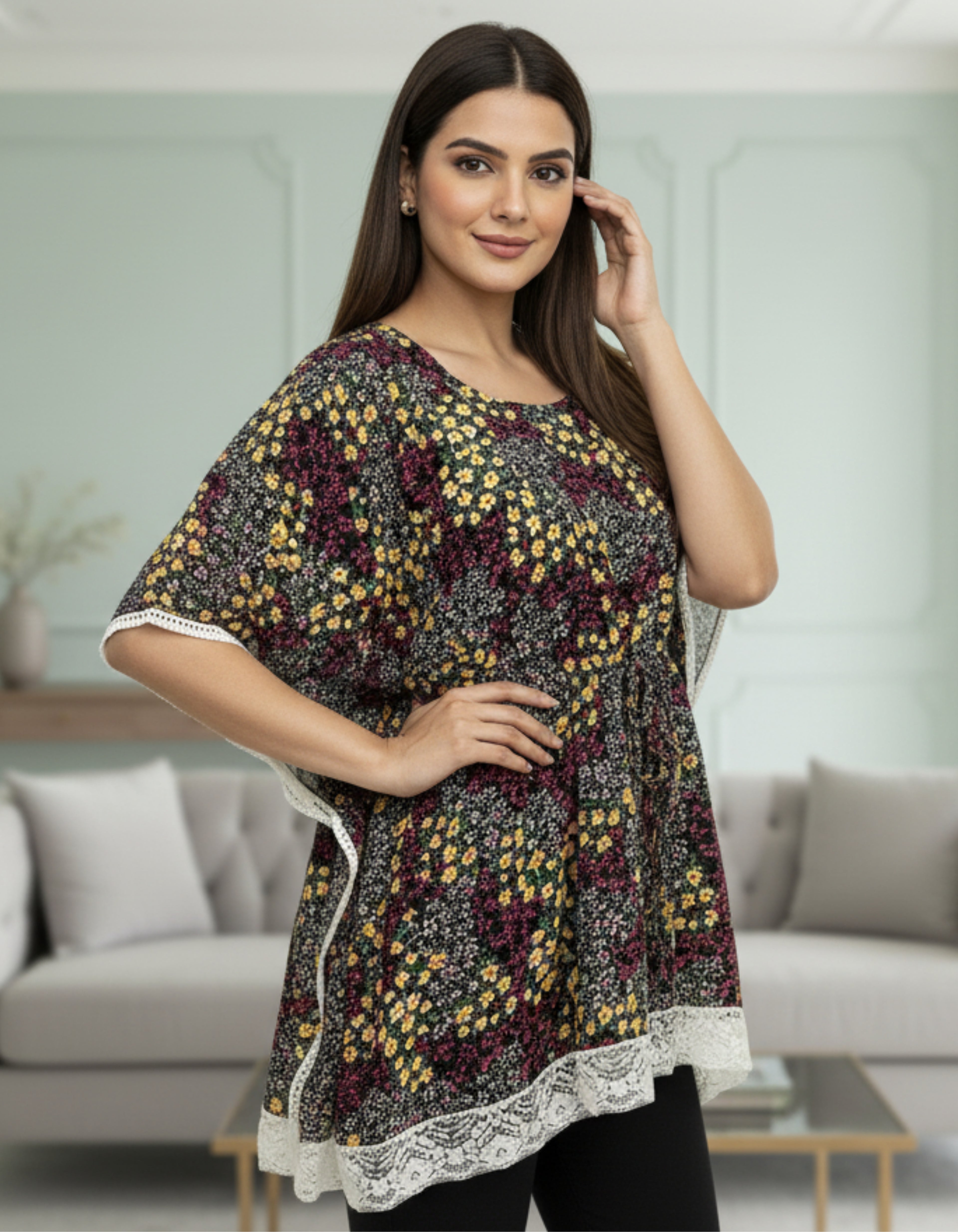 Floral Printed Kaftan Top with Lace Border | Elegant Casual Wear | Viigobella