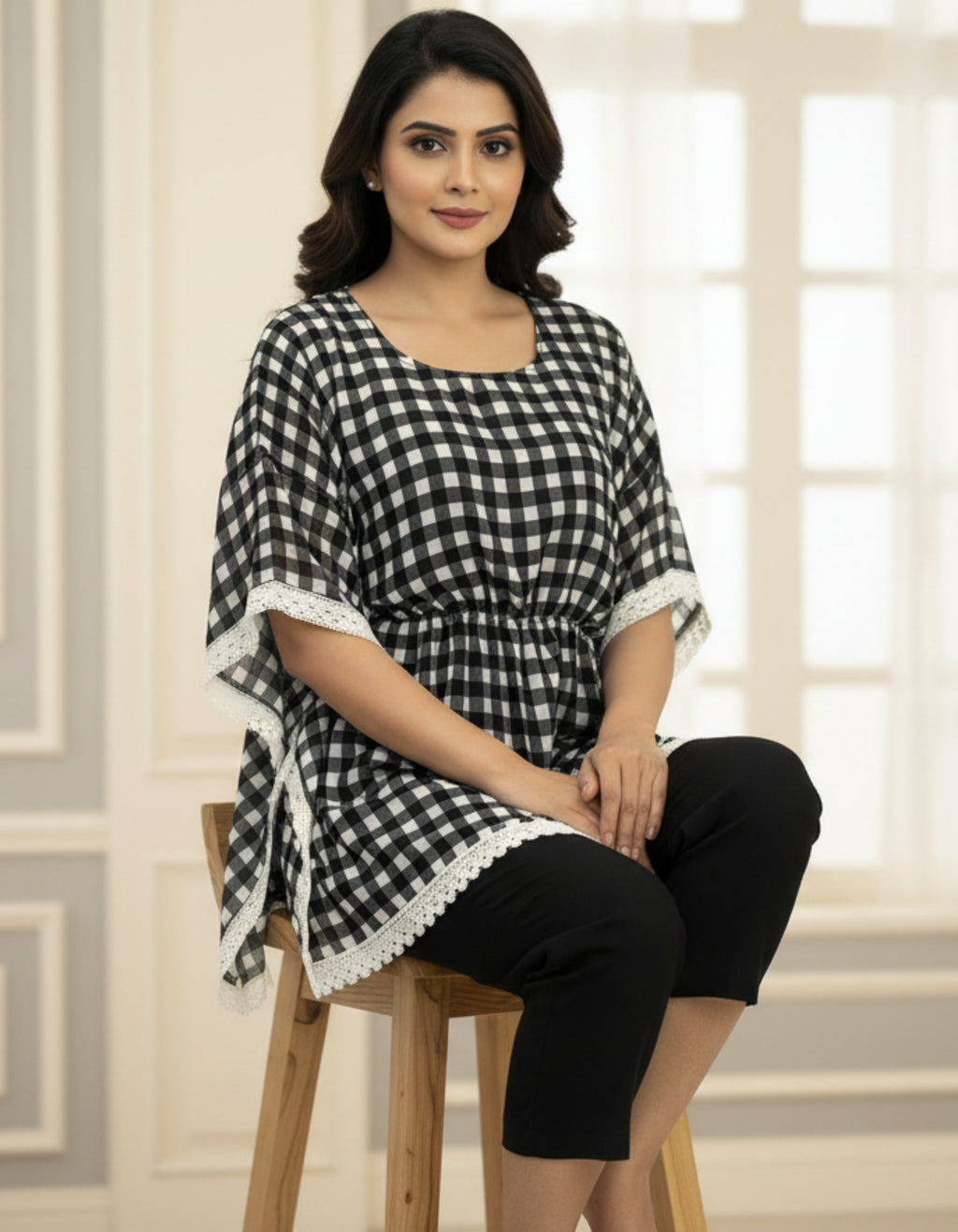 Black & White Checkered Georgette Kaftan Top with Lace Border | Viigobella