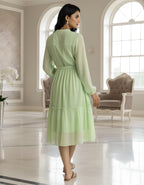 Elegant Solid Georgette Midi Dress with Belt & Full Sleeves