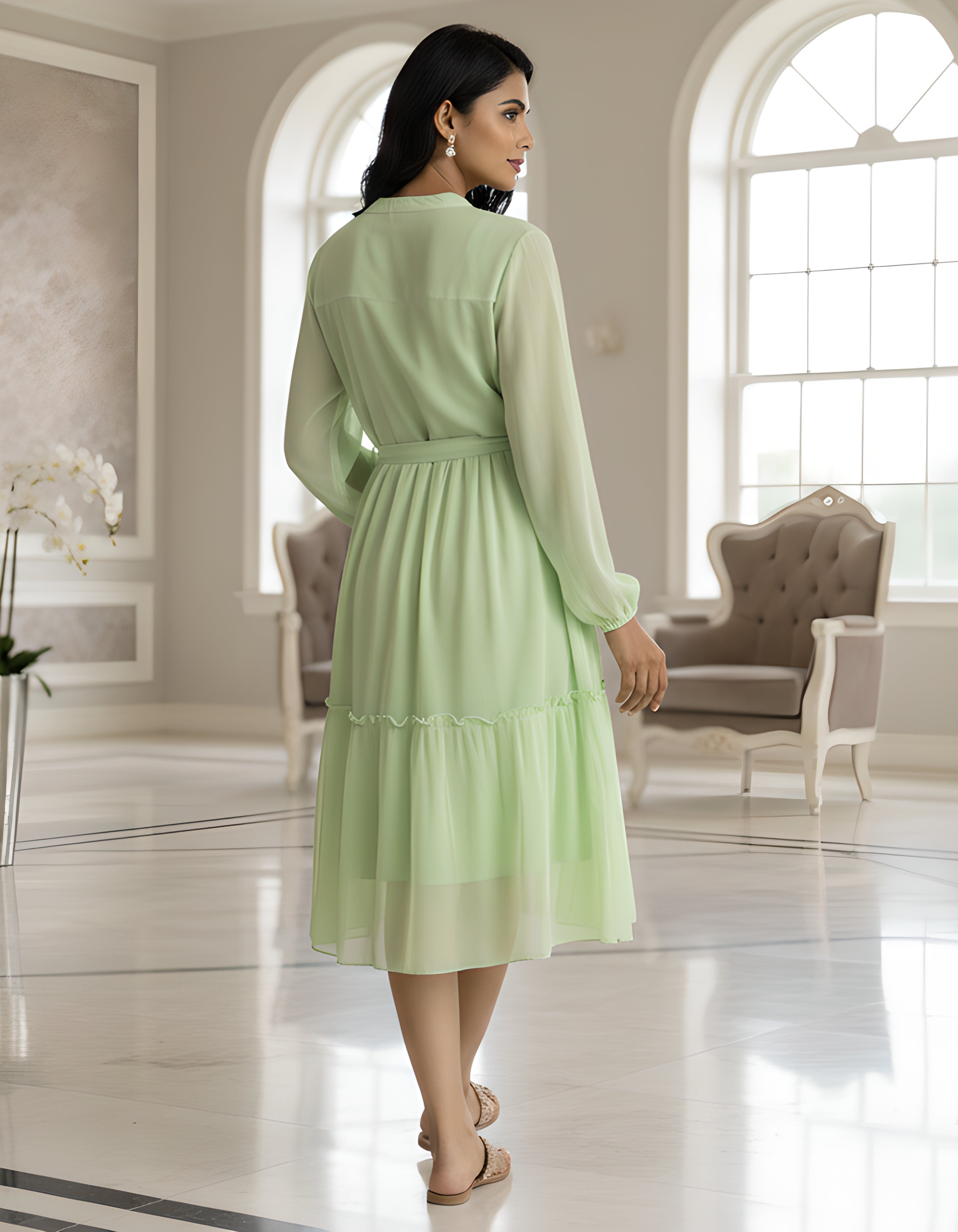 Elegant Solid Georgette Midi Dress with Belt & Full Sleeves