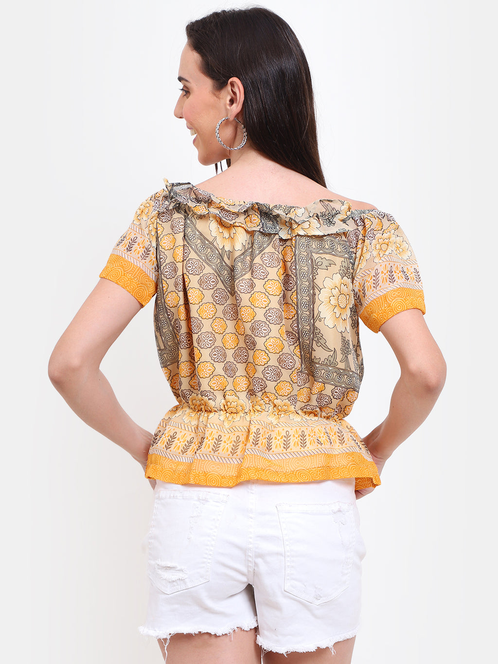 Viigobella Women’s Printed Peplum Top in Yellow & Beige Georgette Fabric