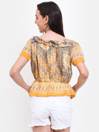 Viigobella Women’s Printed Peplum Top in Yellow & Beige Georgette Fabric