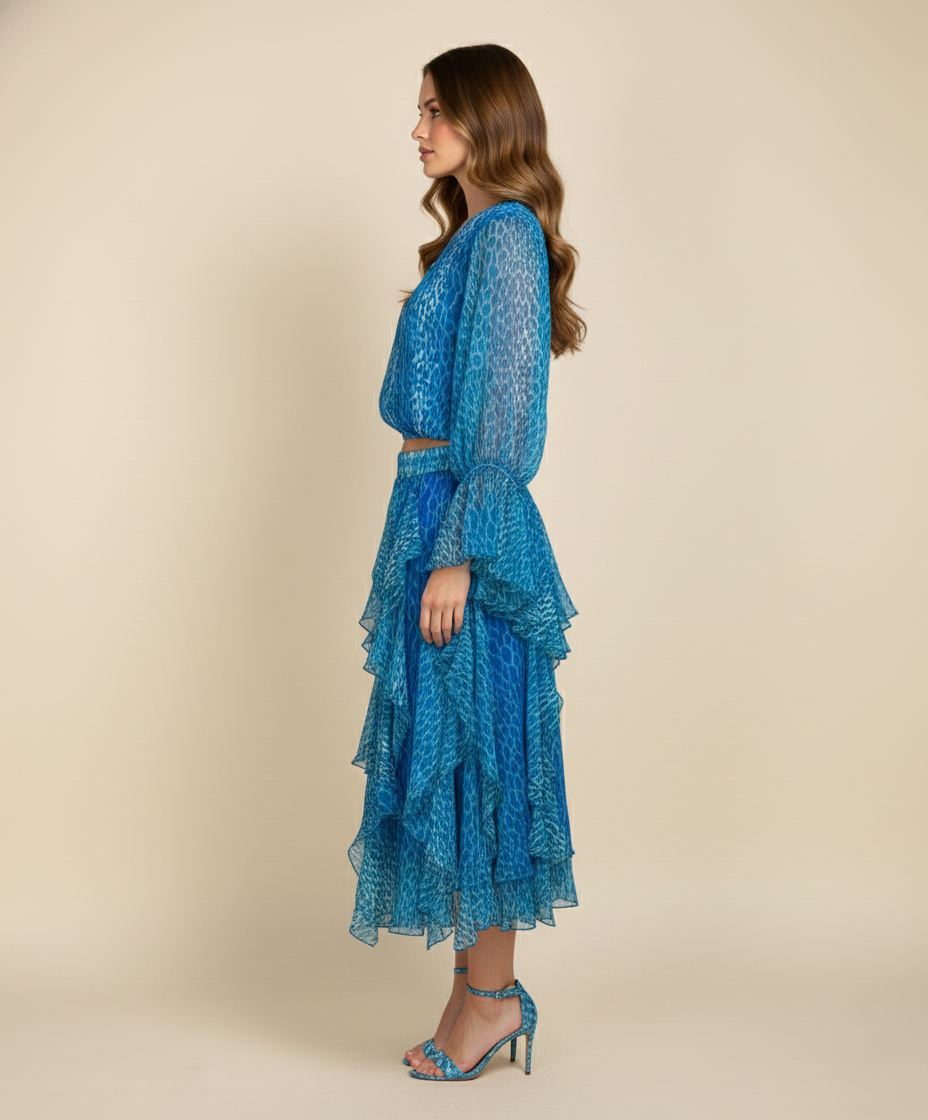 Viigobella Printed Georgette Crop Top & Layered Skirt Set