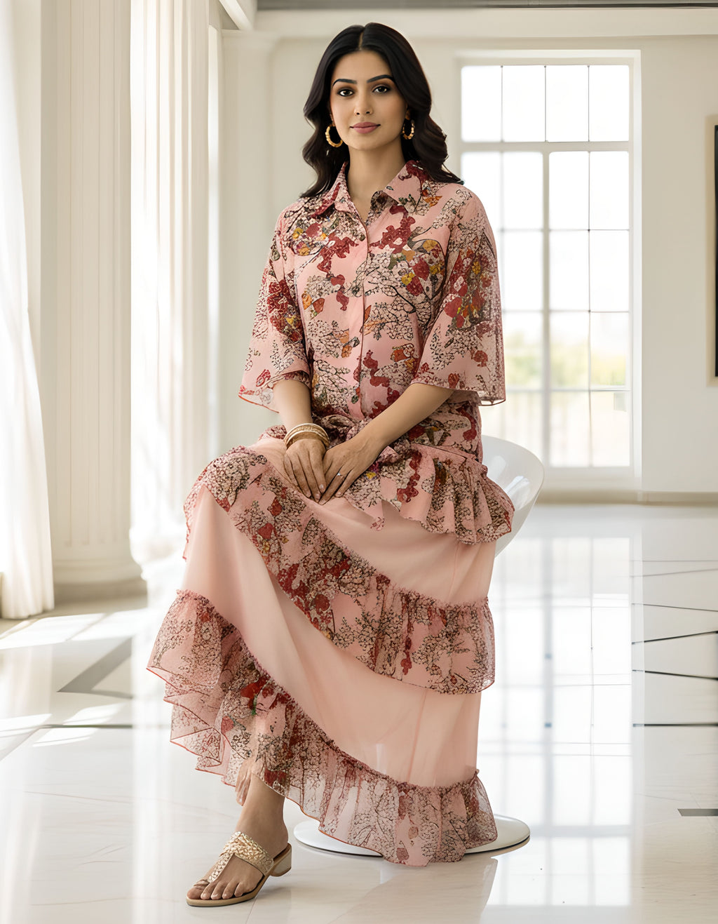 Premium Floral Layered Skirt & Shirt Co-ord Set in Soft Georgette