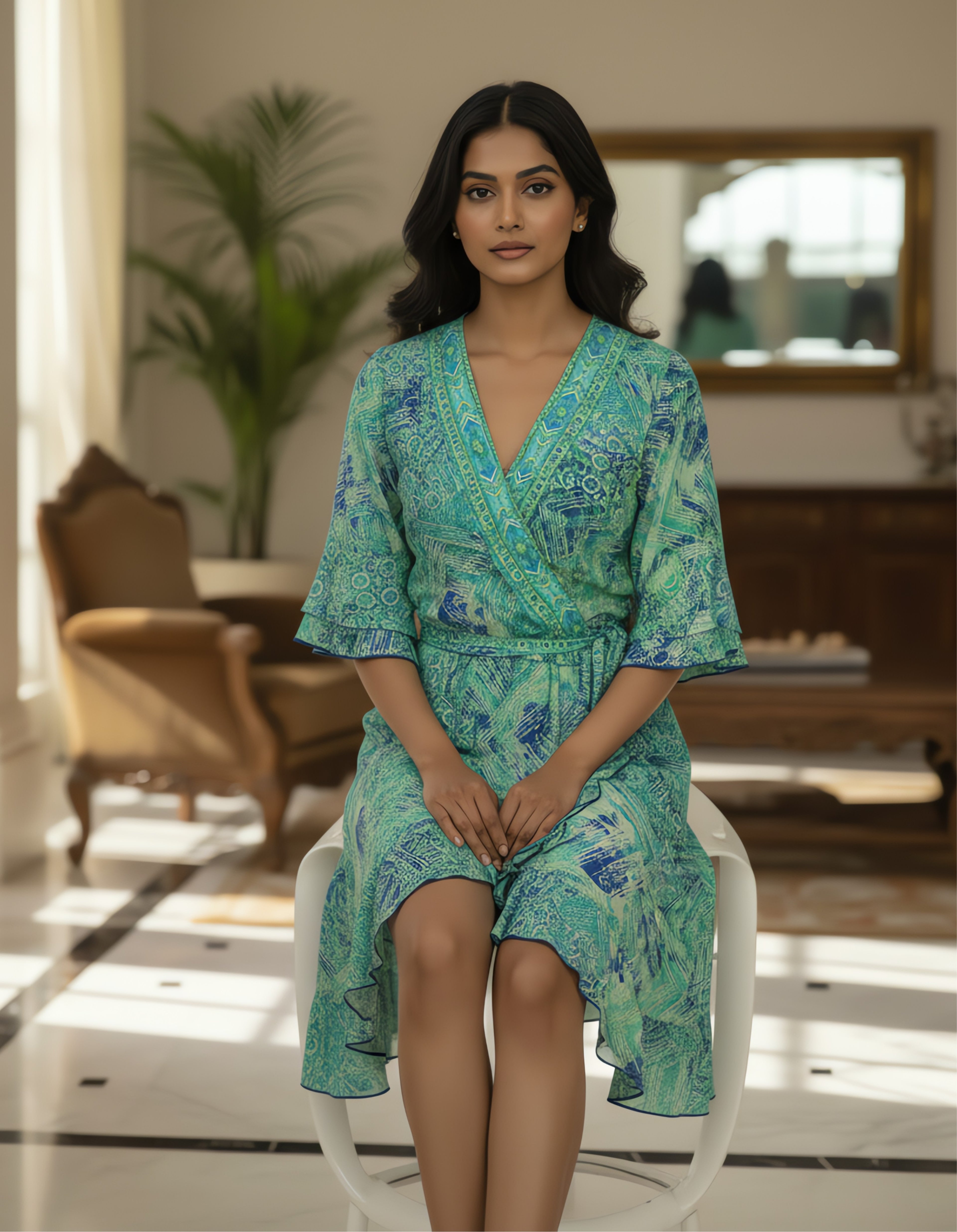 Viigobella Green Abstract Printed Kasturi Silk Wrap Dress