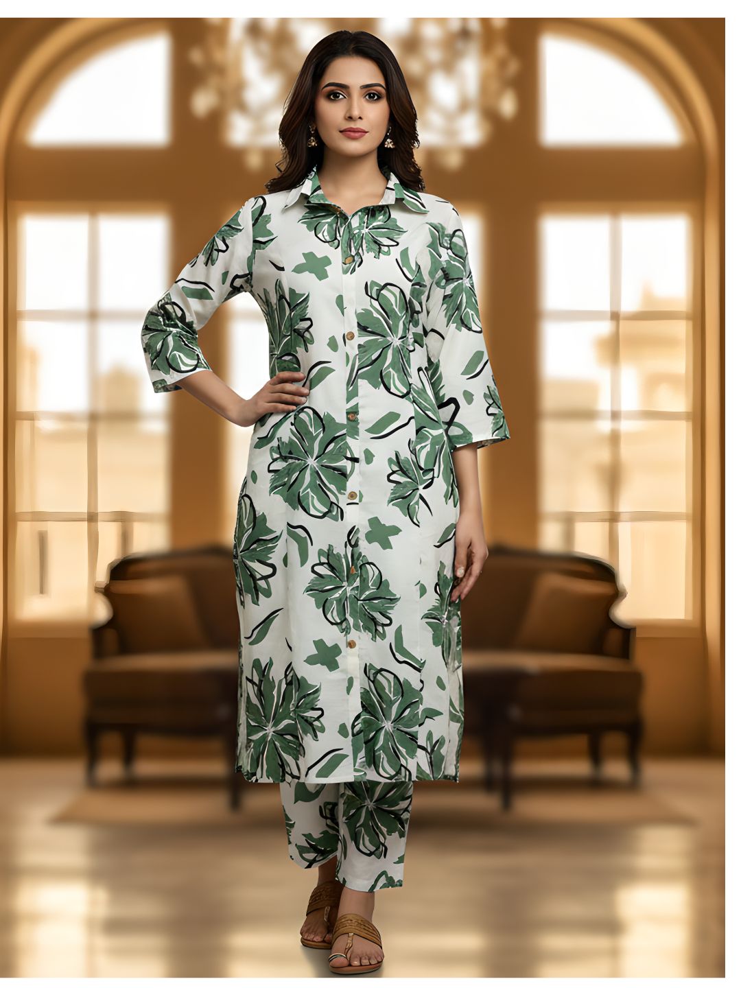 Green Floral Long Shirt Co-ord Set for Women