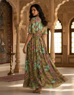 Viigobella Kasturi Silk Green Floral Wrap-Style Long Dress