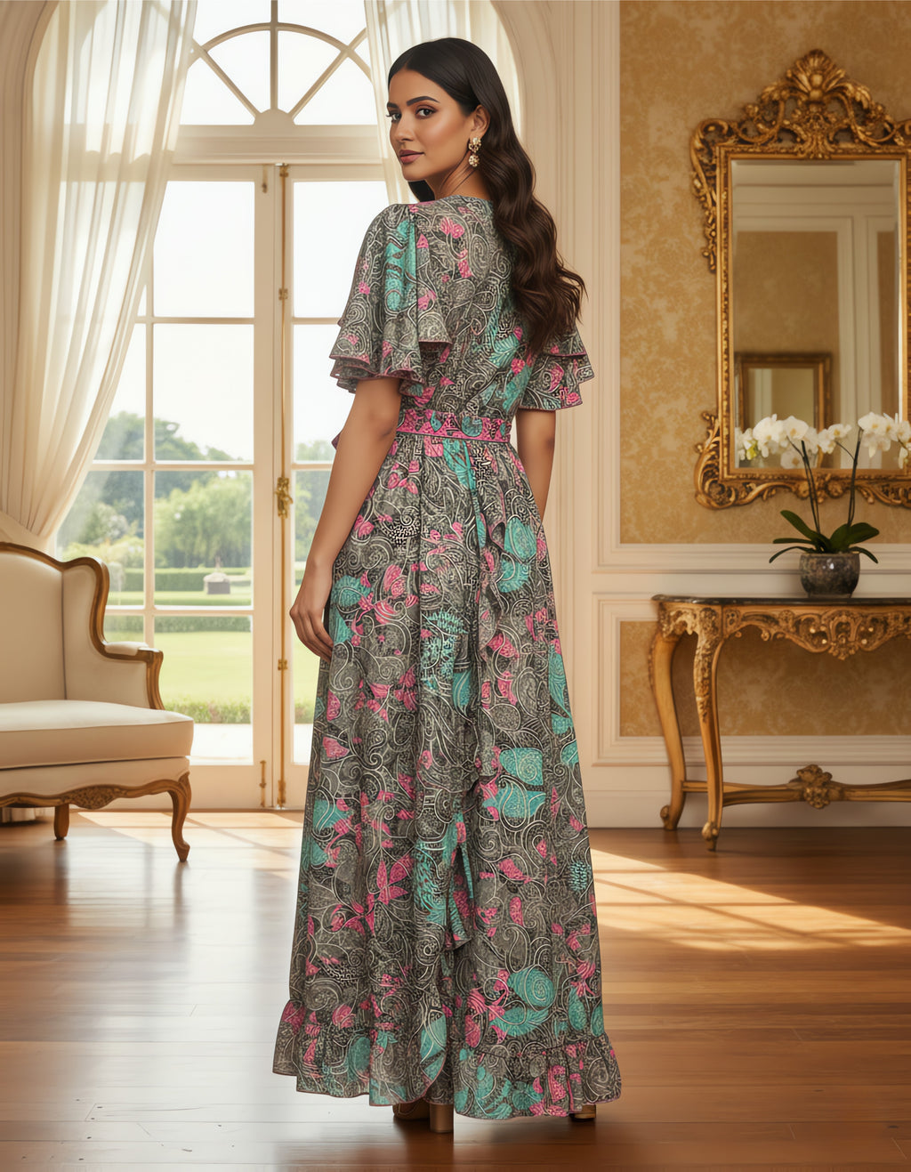 Viigobella Kasturi Silk Grey Multicolor Wrap-Style Maxi Dress