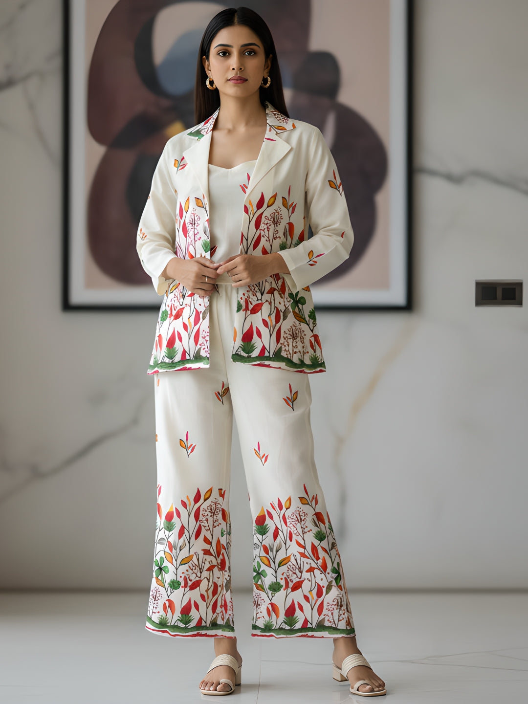 Luxury Botanical Cotton Blazer Co-ord Set for Women (3-Piece)