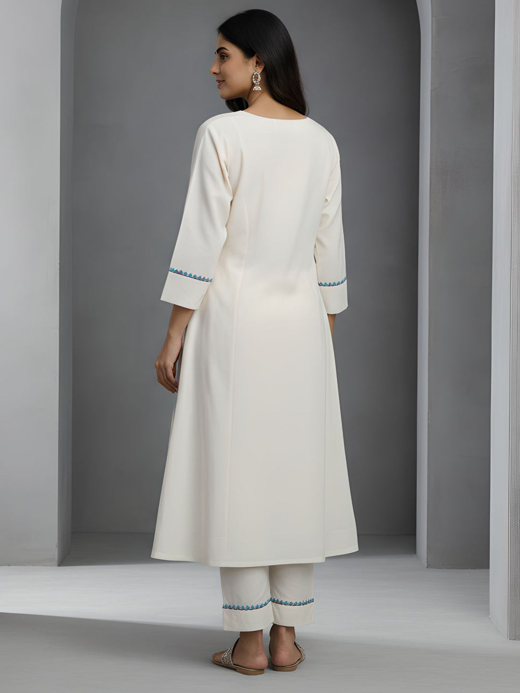 Blue Floral Embroidered Cotton Kurta Pant Set for Women