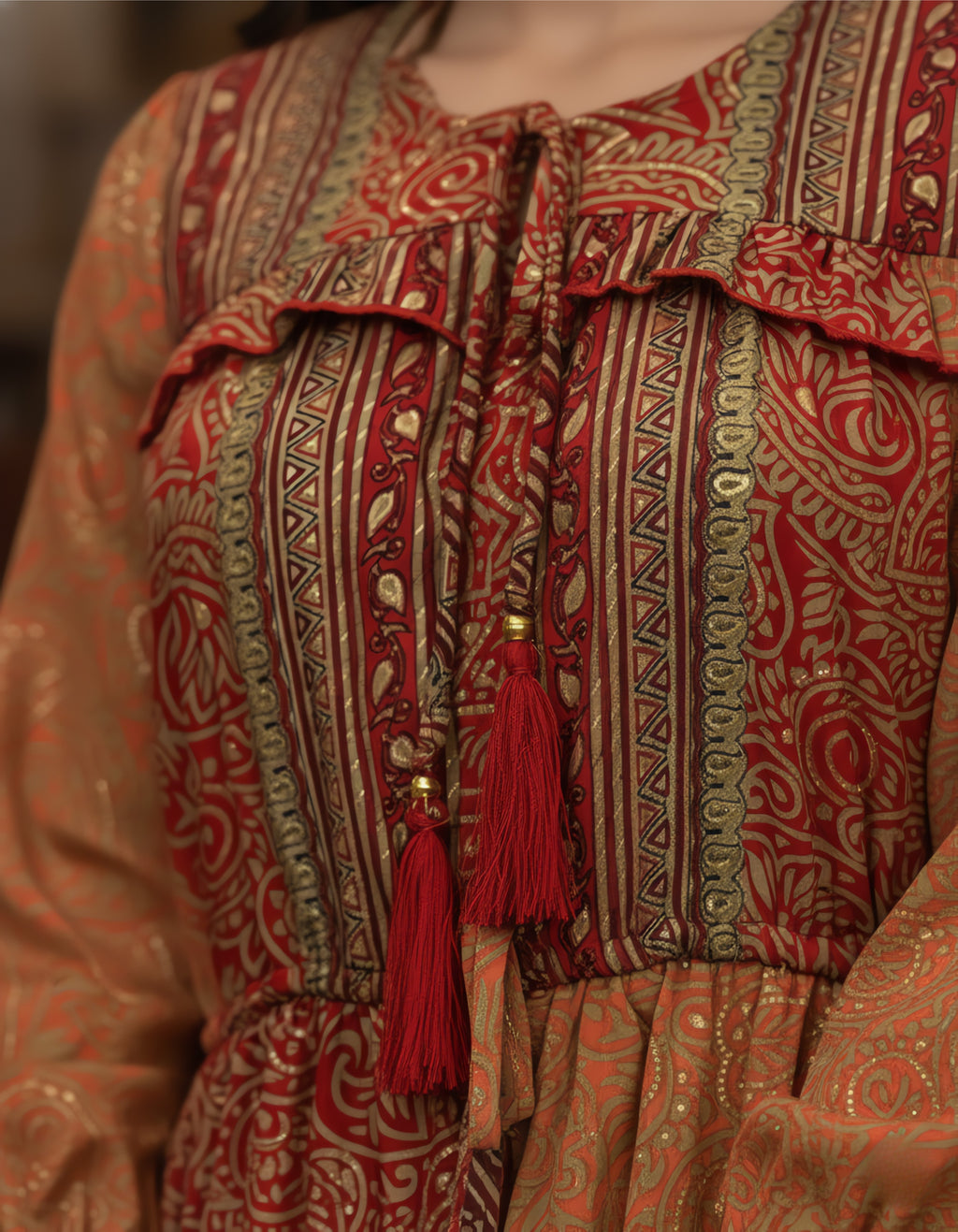 Viigobella Premium Kasturi Silk Printed Tiered Maxi Dress with Tassel Detail