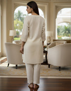 Elegant Embroidered Ivory Cotton Cord Set for Women