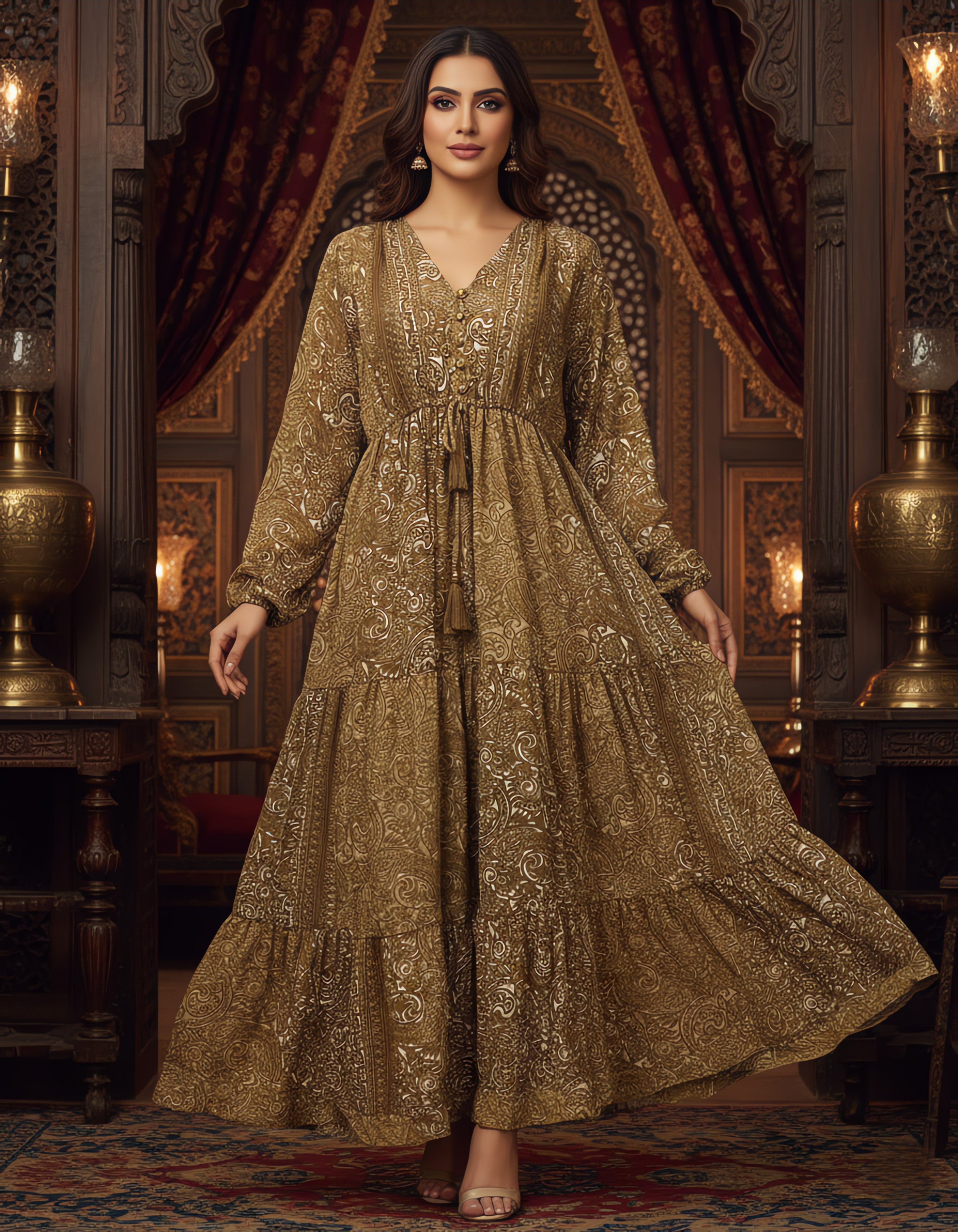 Premium Boho Printed Flared Maxi Dress | Kasturi Silk Fabric