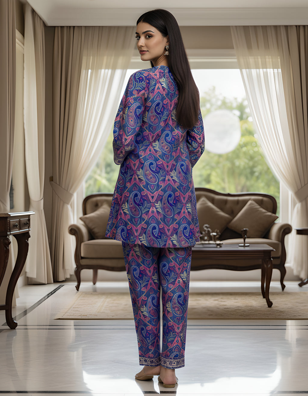 Premium Paisley Print Kasturi Silk Co-ord Set with Designer Neck & Cuff Detailing