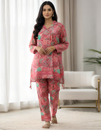 Pink & Aqua Printed Kasturi Silk Cord Set for Women