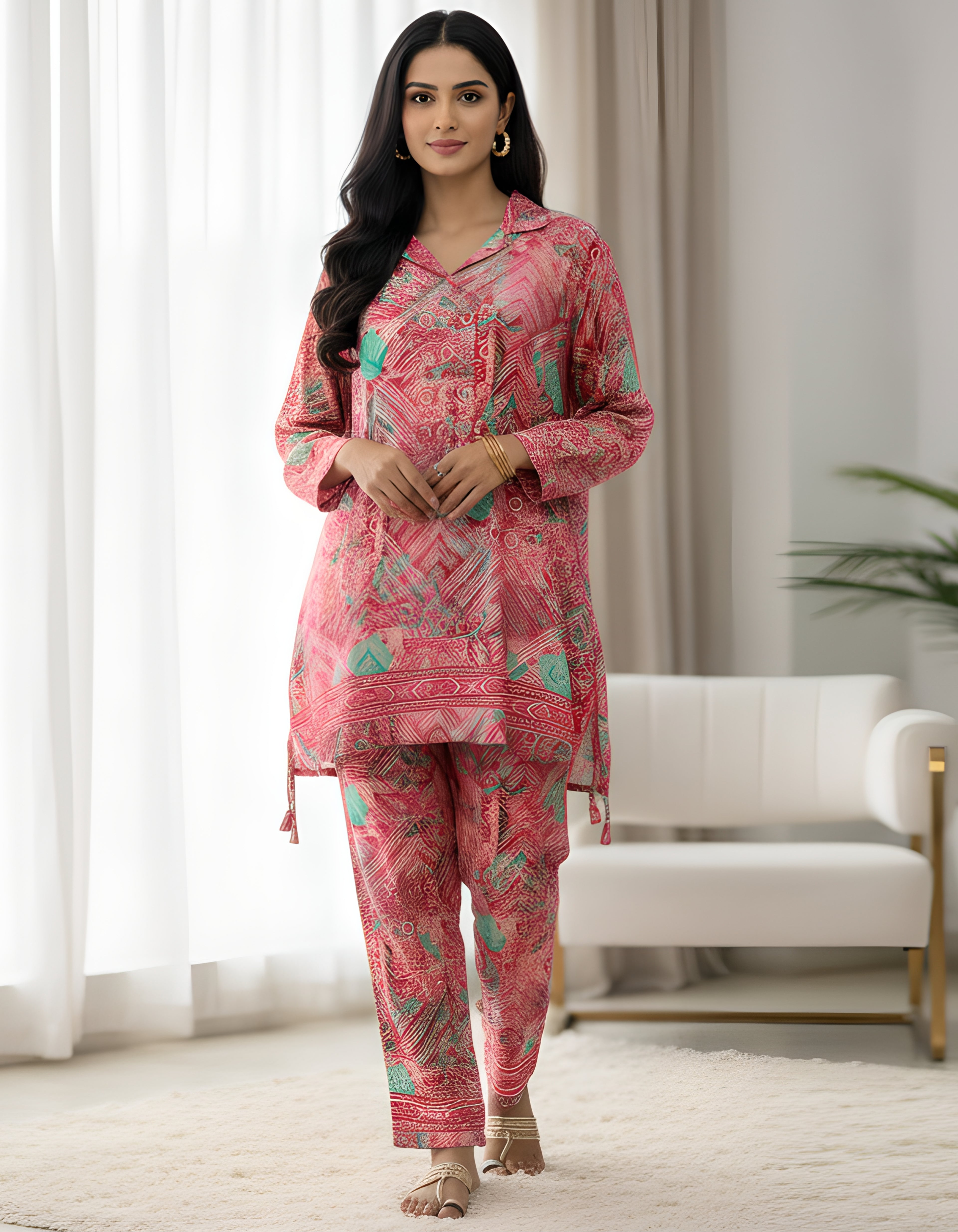 Pink & Aqua Printed Kasturi Silk Cord Set for Women