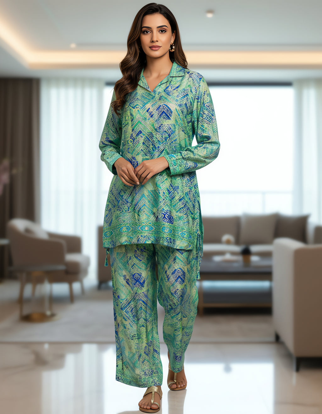 Aqua Blue Printed Kasturi Silk Cord Set for Women