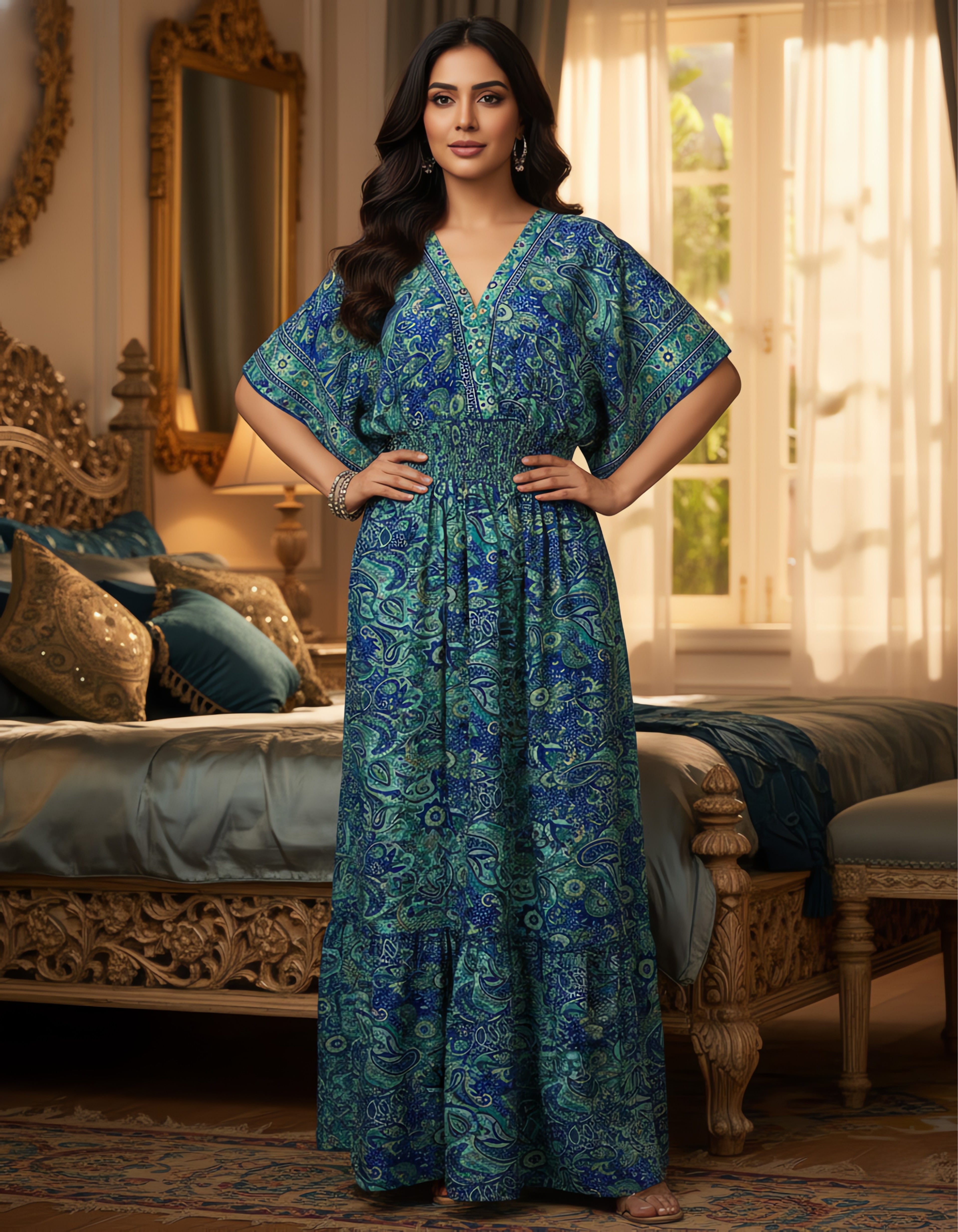 Viigobella Premium Kasturi Silk Blue Paisley Maxi Dress with Smocked Waist