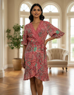 Viigobella Printed Kasturi Silk Wrap Dress with Ruffle Hem