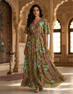 Viigobella Kasturi Silk Green Floral Wrap-Style Long Dress