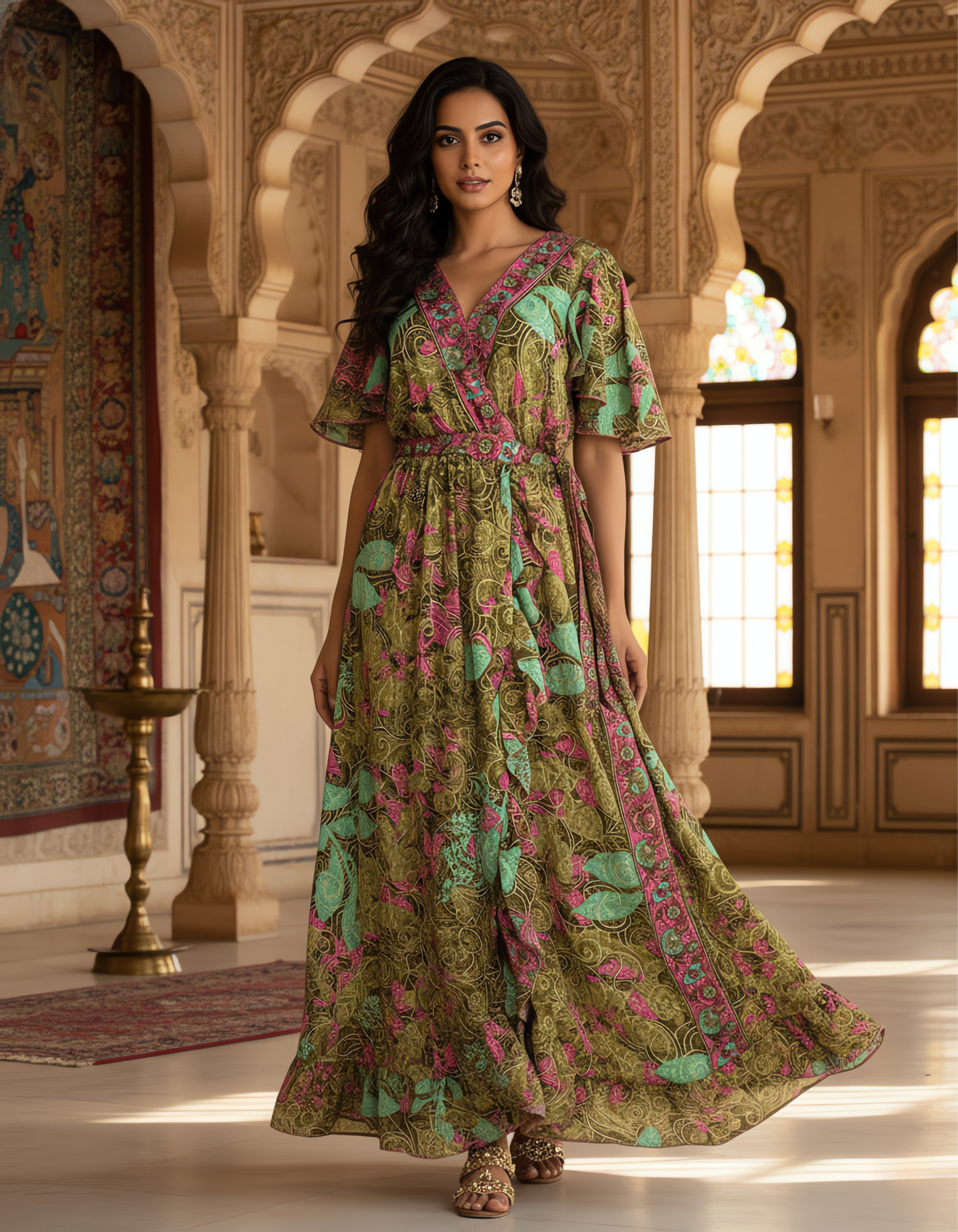 Viigobella Kasturi Silk Green Floral Wrap-Style Long Dress