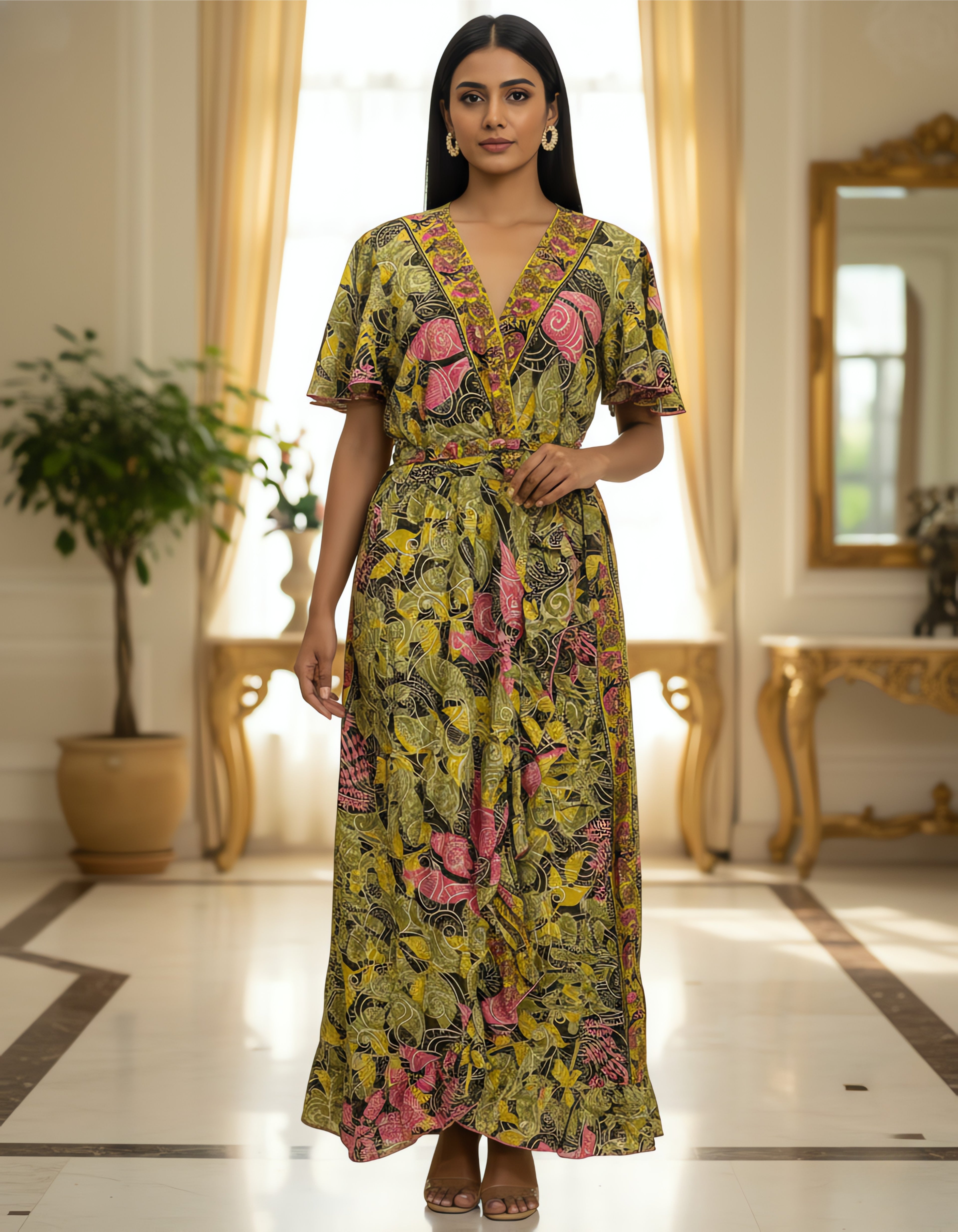 Viigobella Kasturi Silk Yellow Floral Wrap-Style Maxi Dress