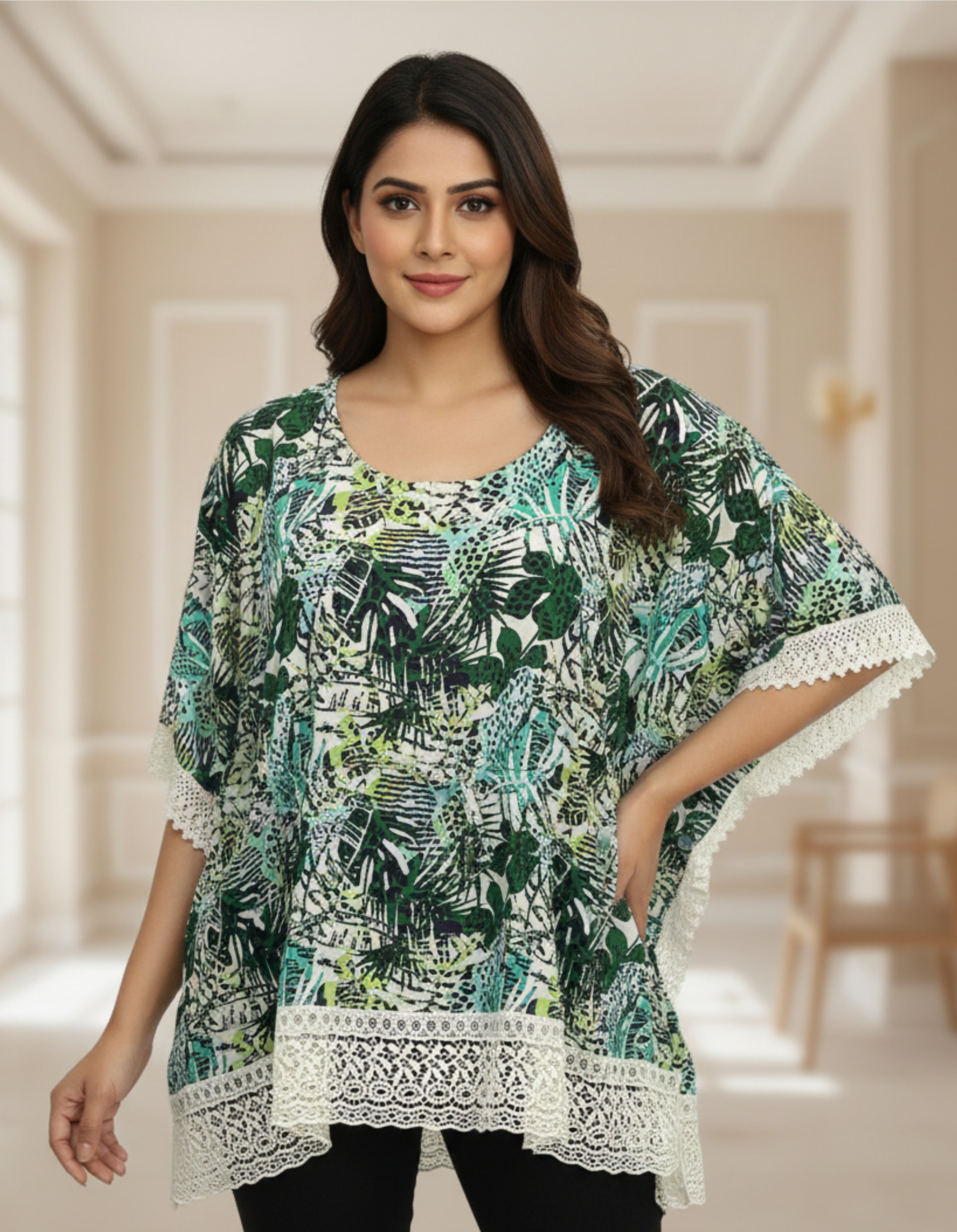 Leafy Printed Kaftan Top with Lace Border | Elegant Casual Wear | Viigobella