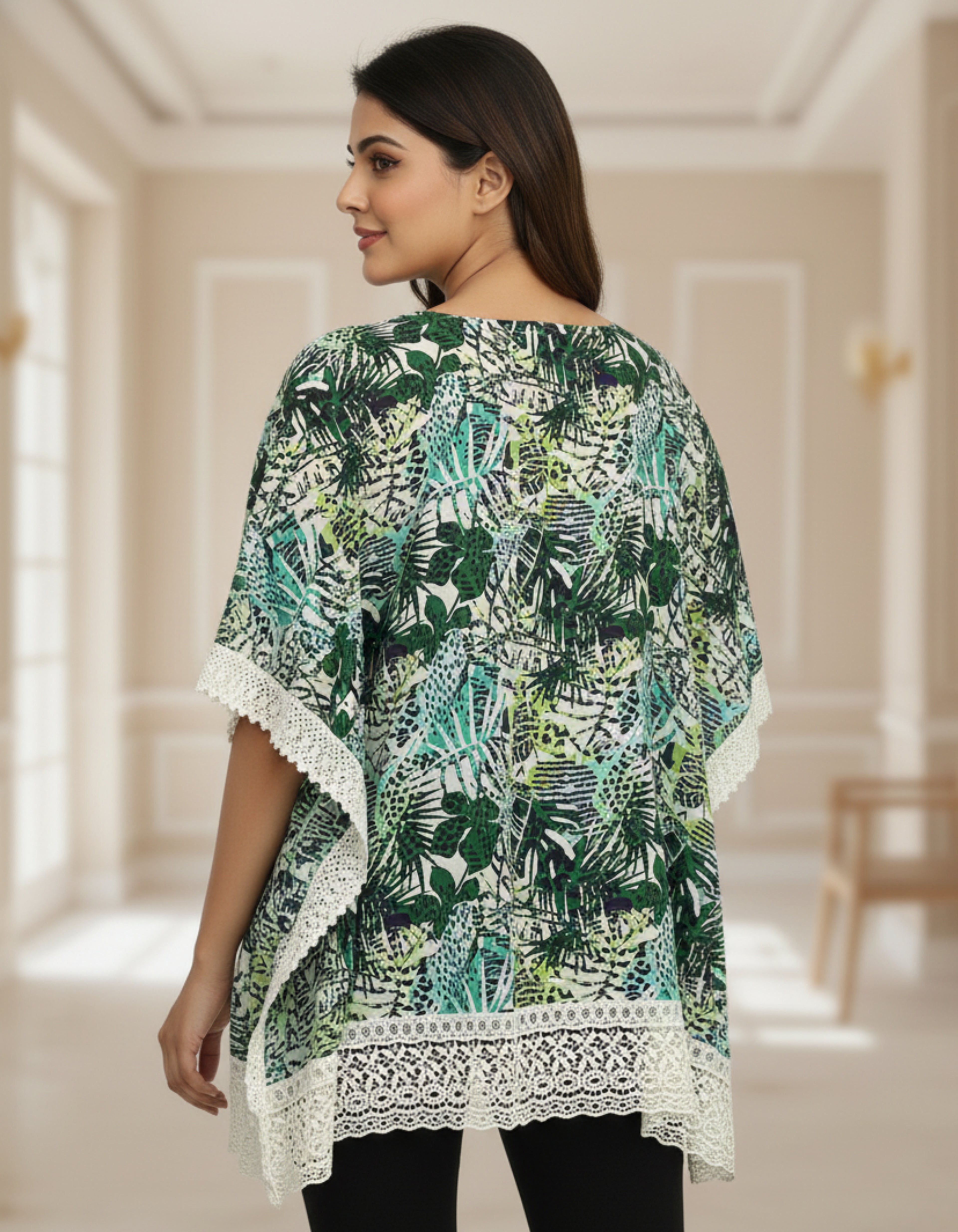 Leafy Printed Kaftan Top with Lace Border | Elegant Casual Wear | Viigobella