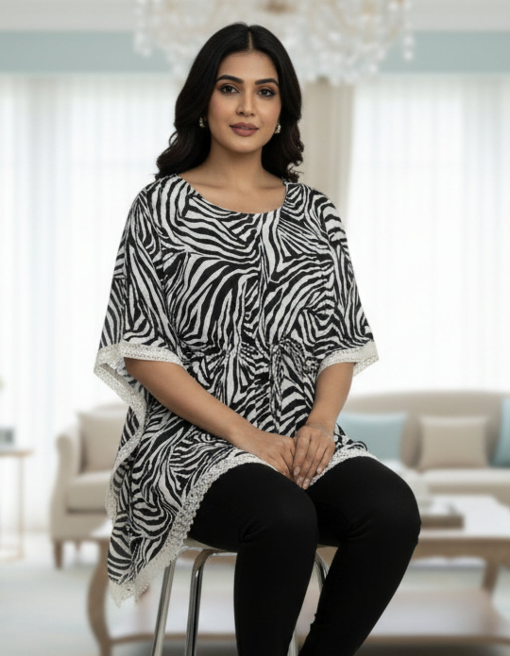 Zebra Print Kaftan Top with Lace Border | Trendy Western Wear | Viigobella