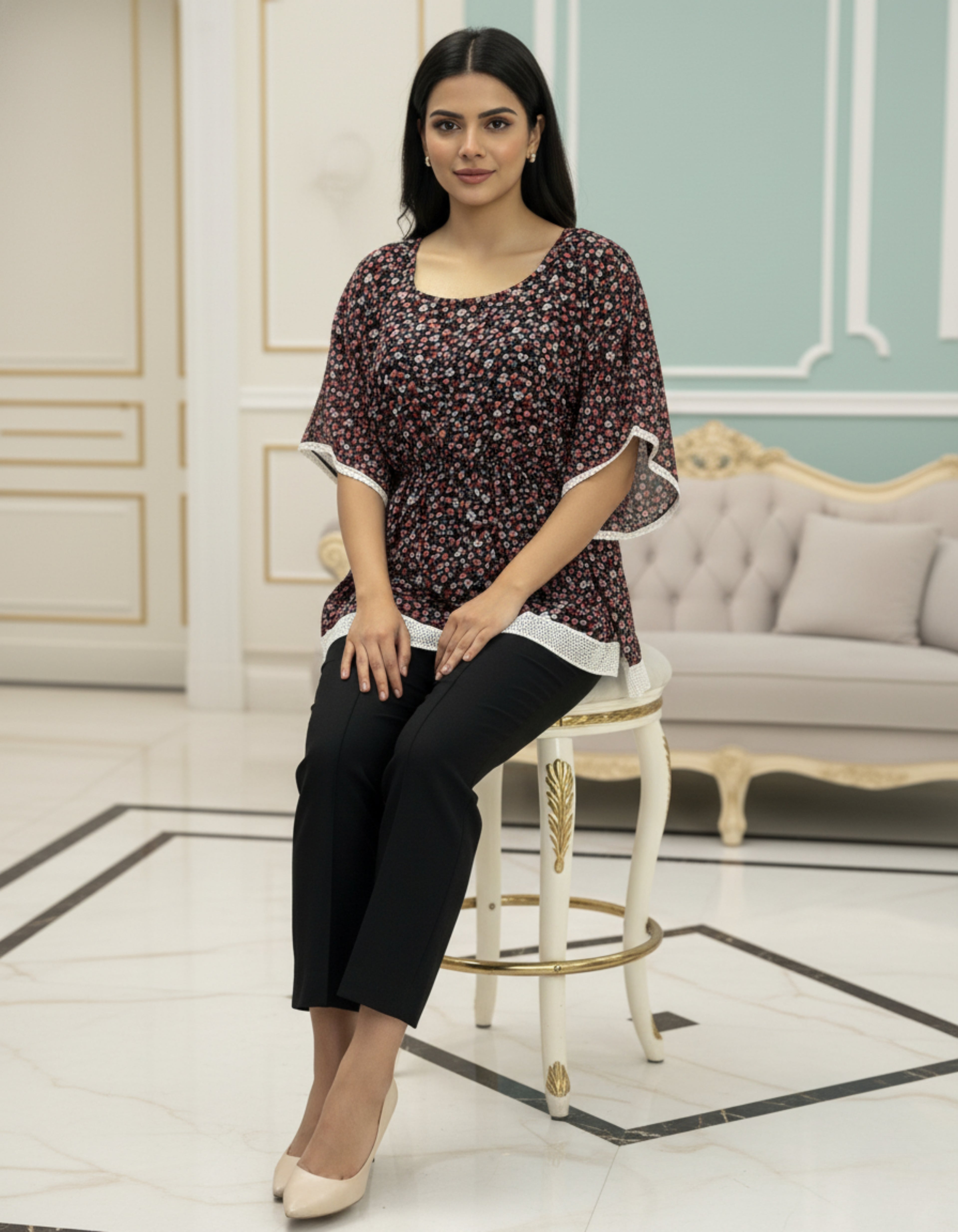 Black Floral Georgette Kaftan Top with Lace Hem | Viigobella