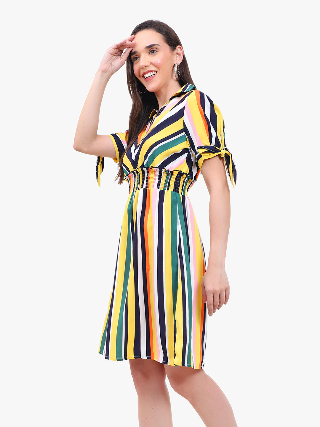 Women’s Striped Crepe Dress with Smocked Waist & Tie-Up Sleeves – Export Quality