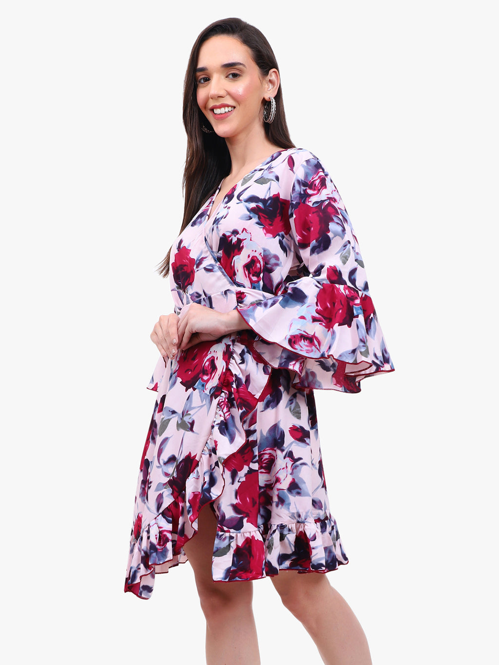 Women’s Printed Crepe Wrap Dress with Ruffle Hem – Export Quality
