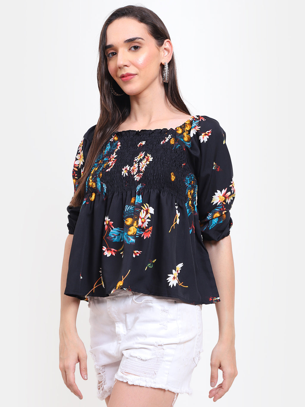 Viigobella Women’s Smocked Floral Top in Black Printed Crepe Fabric