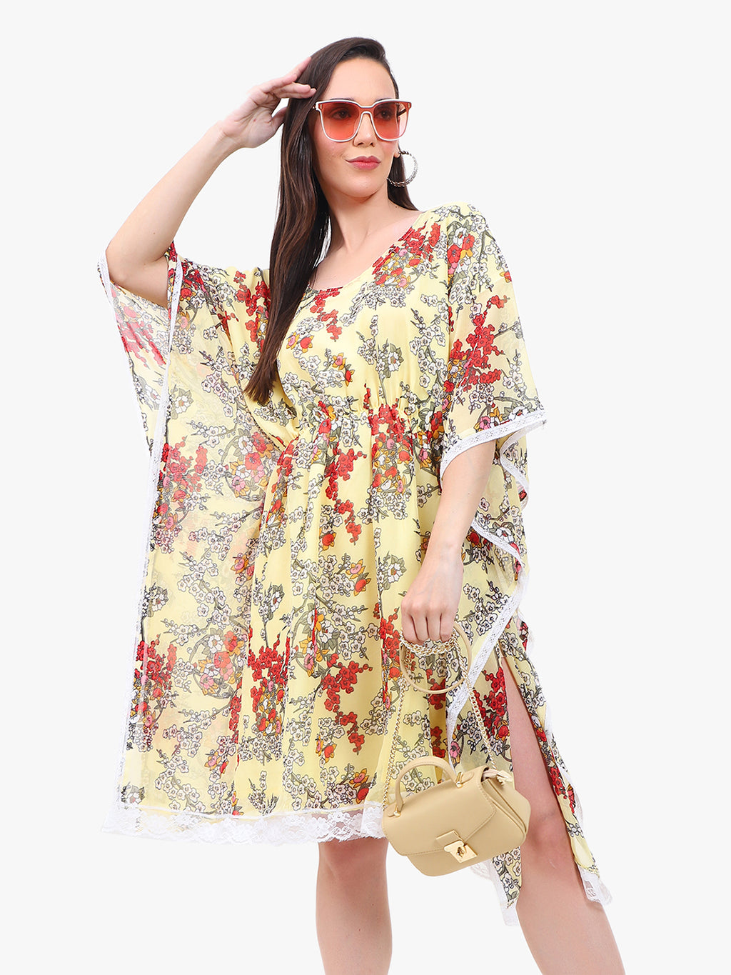 Women’s Printed Georgette Kaftan Dress with Lace Hem – Export Quality