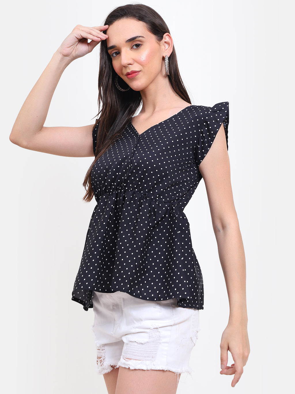 Viigobella Women’s Polka Dot Peplum Top in Black Crepe Fabric