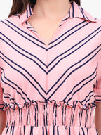 Women’s Striped Crepe Short Dress with Smocked Waist & Tie-Up Sleeves – Export Quality