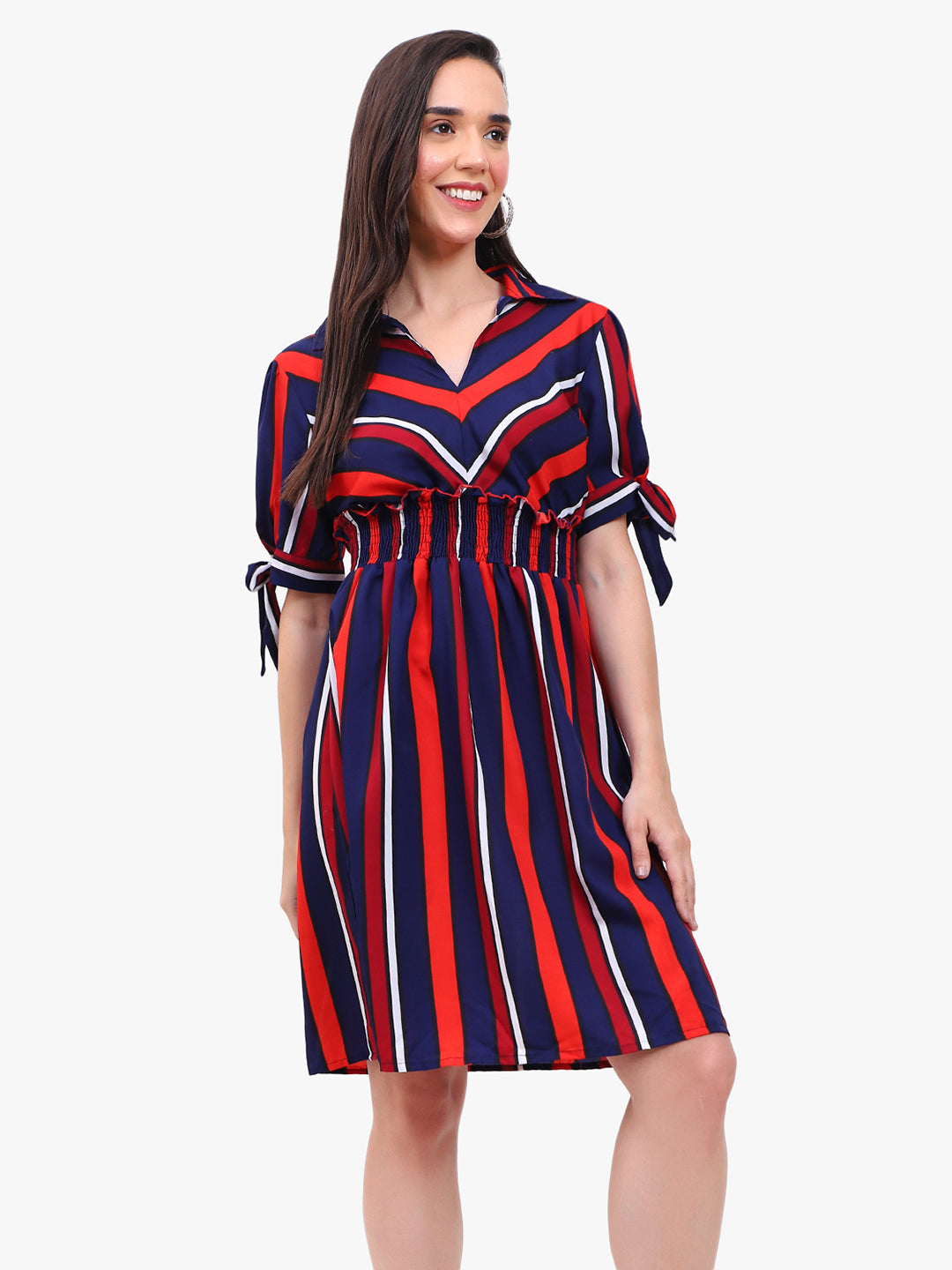 Women’s Striped Crepe Short Dress with Smocked Waist – Export Quality