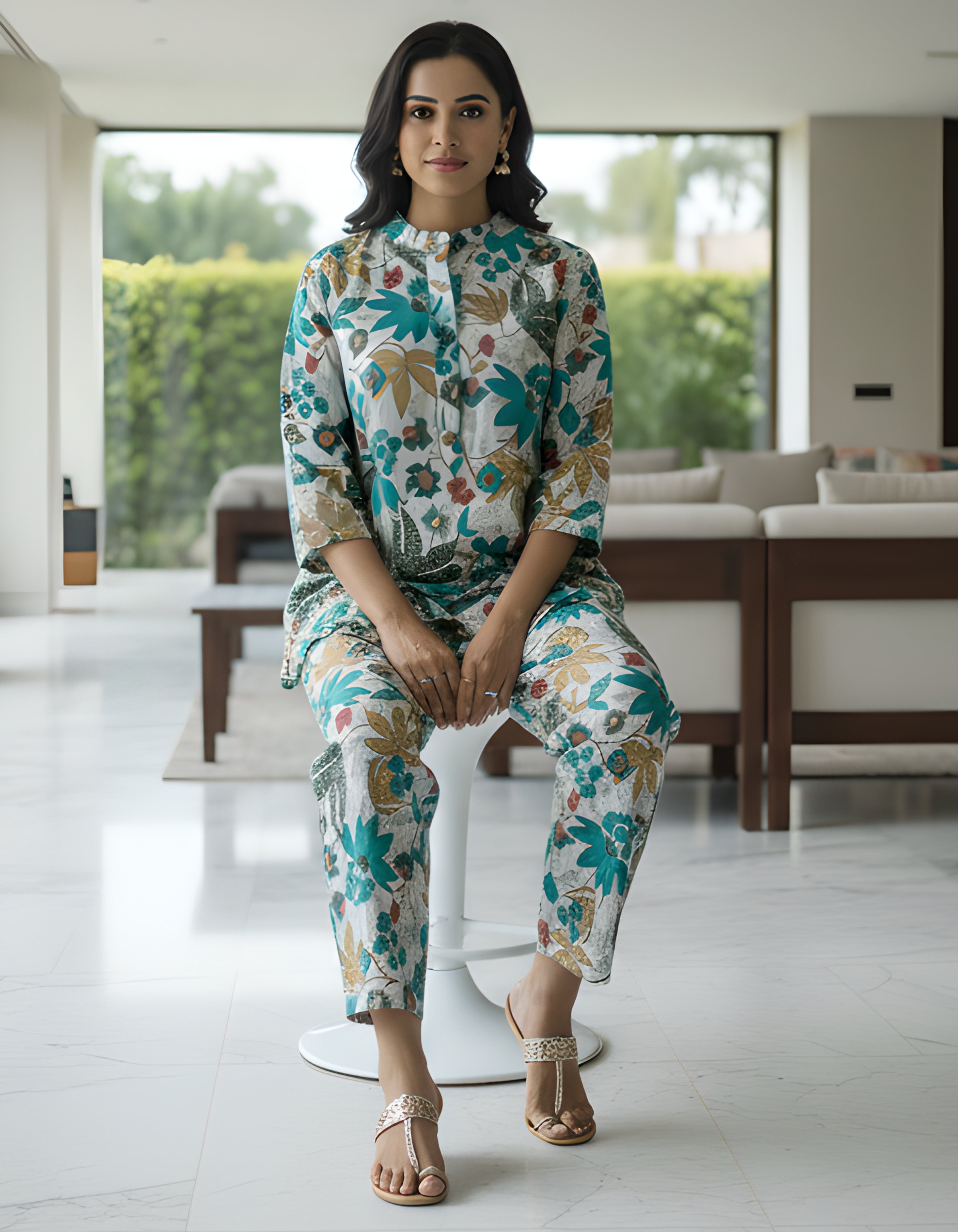 Women’s Teal Floral Printed Co-ord Set – Vertigen Fabric