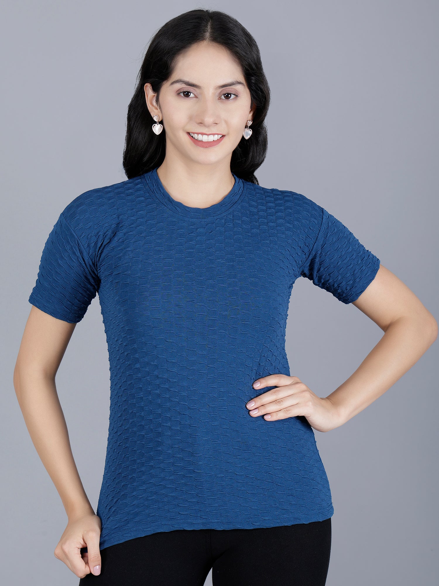 Viigobella Women’s Textured Short Sleeve Top in Navy Blue Cotton Fabric