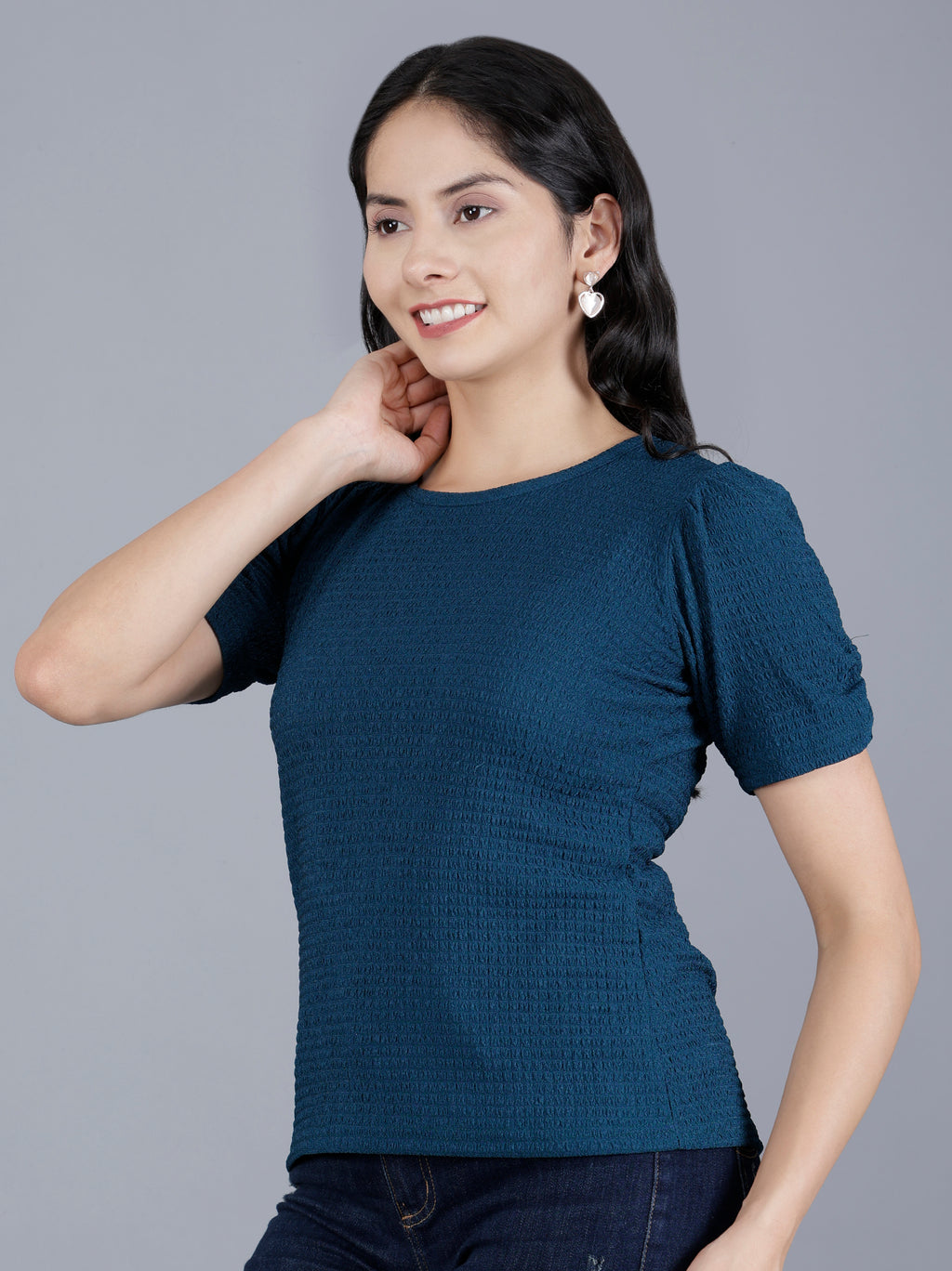 Viigobella Women’s Puff Sleeve Top in Teal Blue Cotton Fabric
