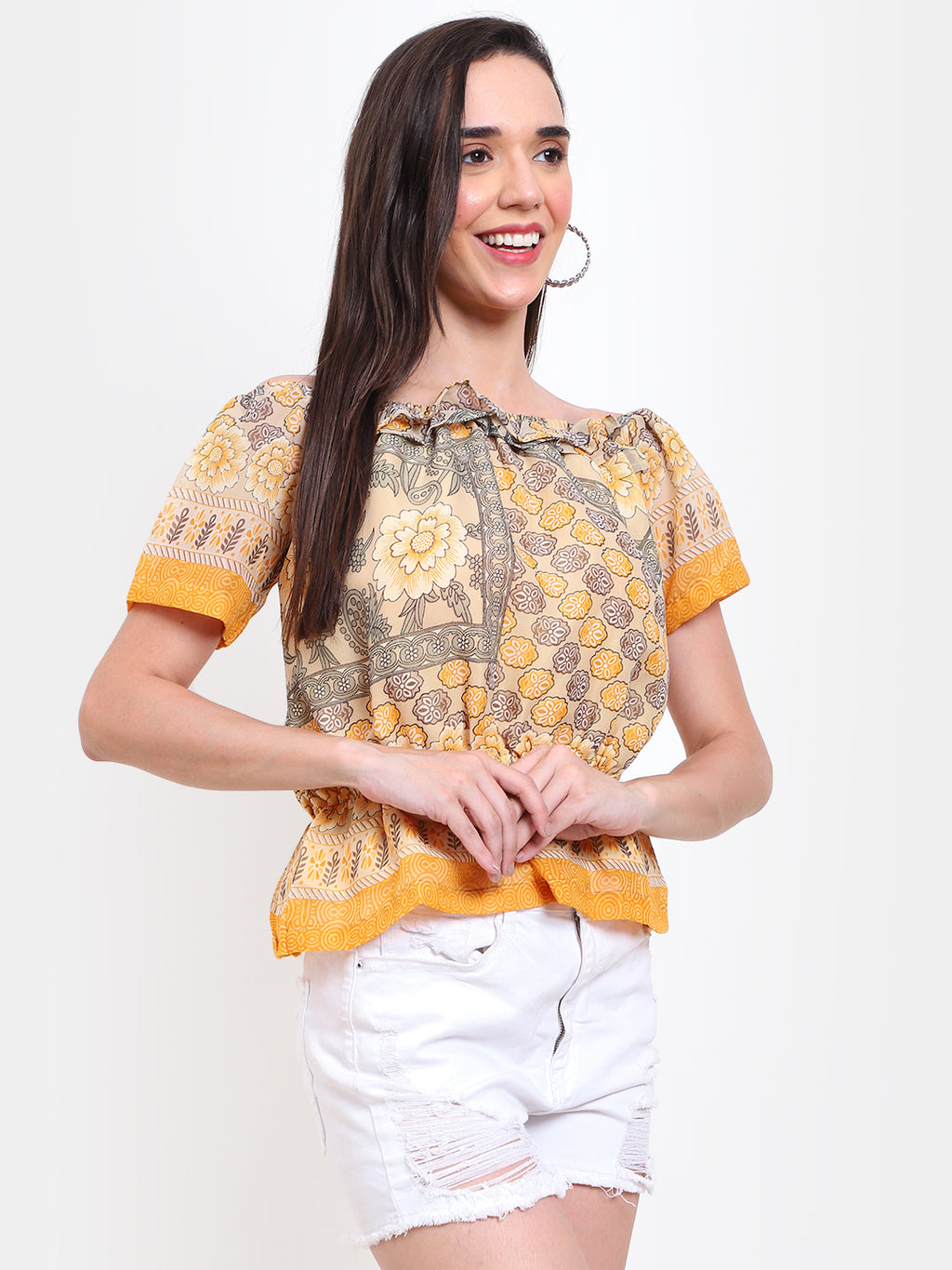 Viigobella Women’s Printed Peplum Top in Yellow & Beige Georgette Fabric