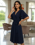 Viigobella Rayon Crepe Wrap Dress with Layered Ruffle Sleeves