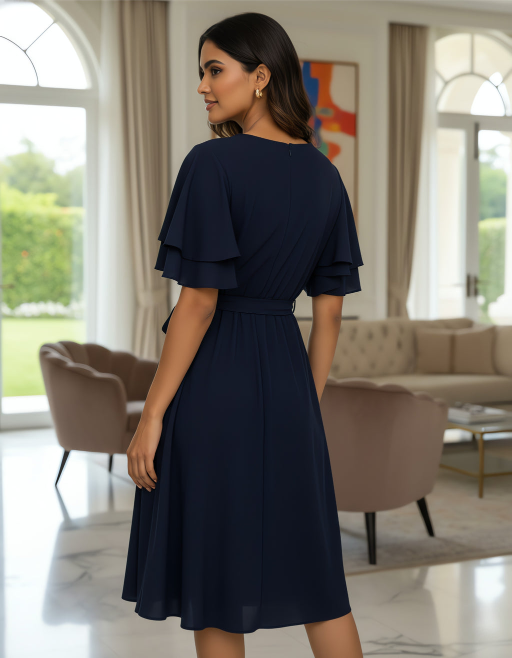 Viigobella Rayon Crepe Wrap Dress with Layered Ruffle Sleeves