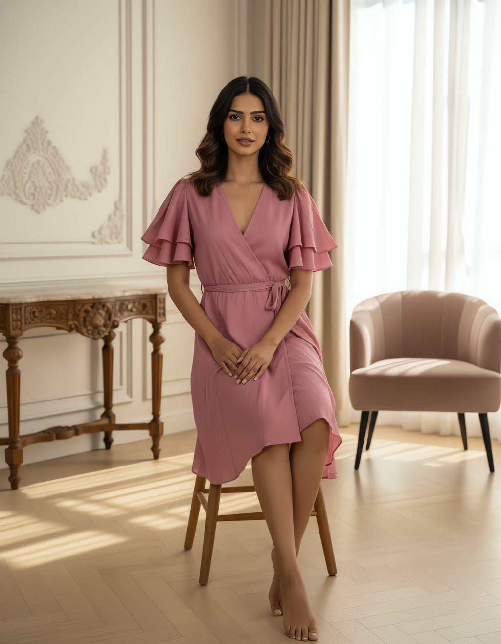 Viigobella Rose Pink Delta Fabric Wrap Dress with Layered Ruffle Sleeves
