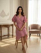 Viigobella Rose Pink Delta Fabric Wrap Dress with Layered Ruffle Sleeves